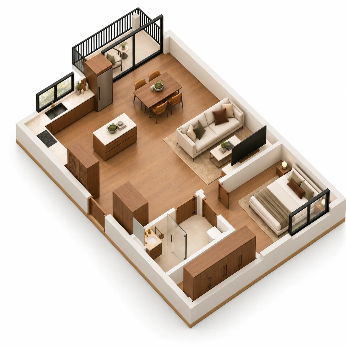 B1-103 · Furnished model of the 1 bedroom · Mirrored layout