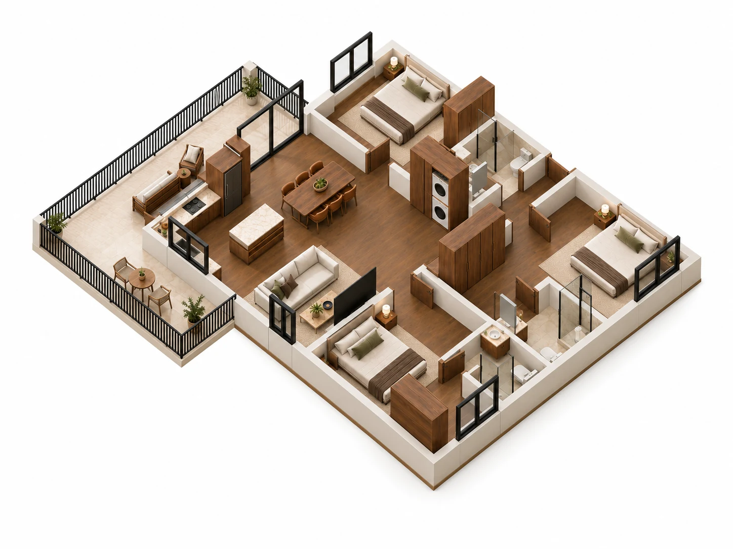 B1-101 · Furnished model of the 3 bedrooms · Left corner terrace