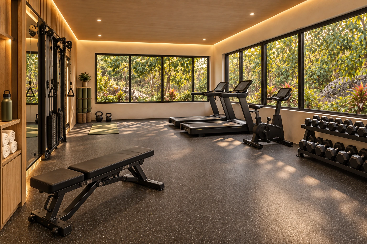 Concepto ampliado del gimnasio del club social, con dos caminadoras, bicicleta estática, poleas, pesas, banco ajustable y espacio libre junto a ventanas hacia el jardín