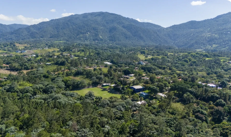 Daylight view over a green valley, scattered houses and wooded hills