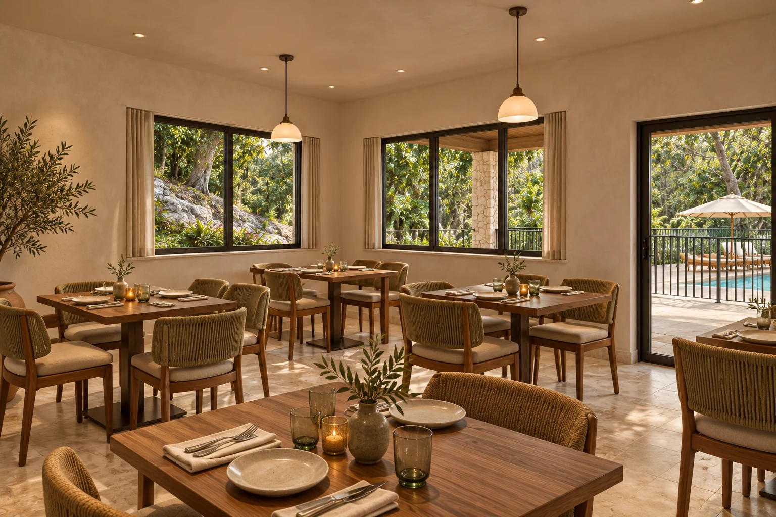 Interior del restaurante proyectado, con mesas de madera, sillas tejidas y ventanas hacia la terraza