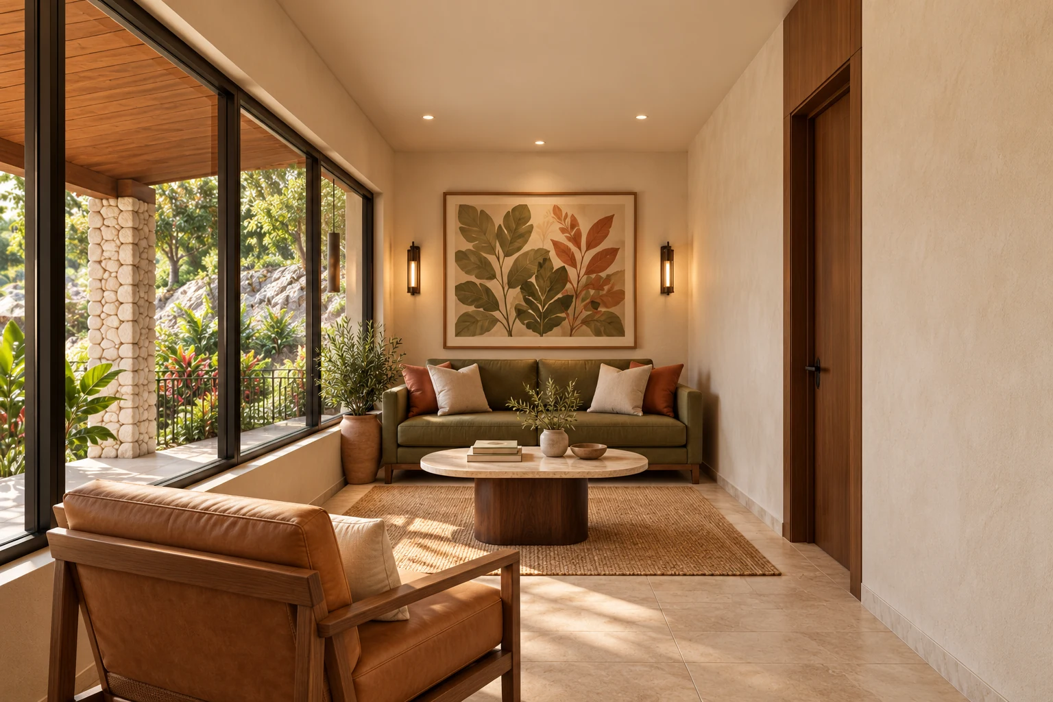 Salón proyectado del club social, con asientos tapizados, arte y ventanales hacia el jardín