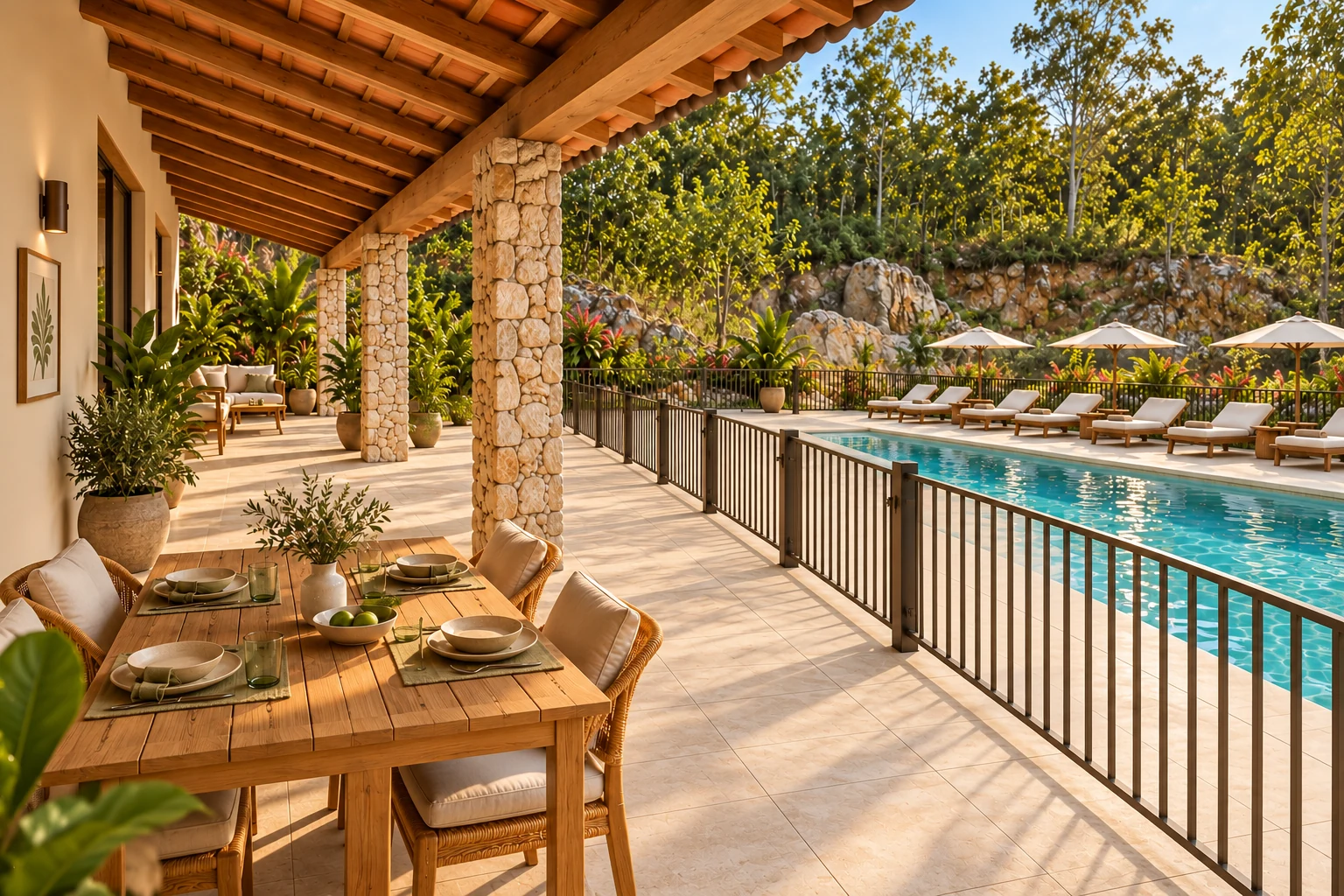 Pool and covered clubhouse terrace among trees