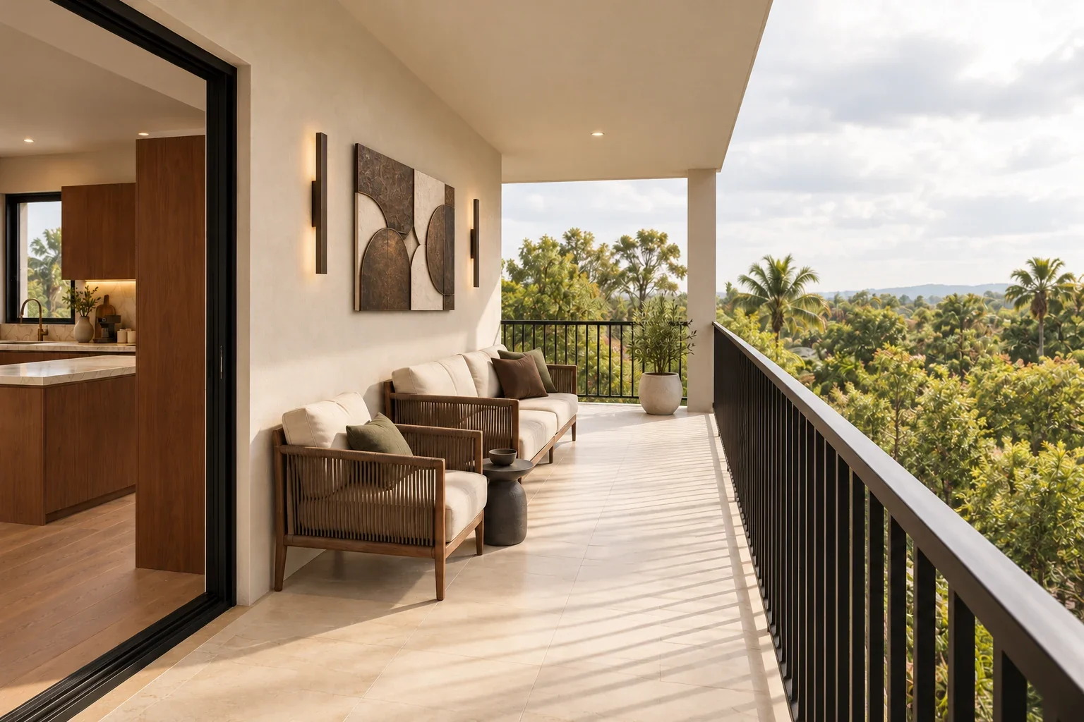 Furnished corner terrace with lounge seating, outdoor wall art and greenery beyond the railing