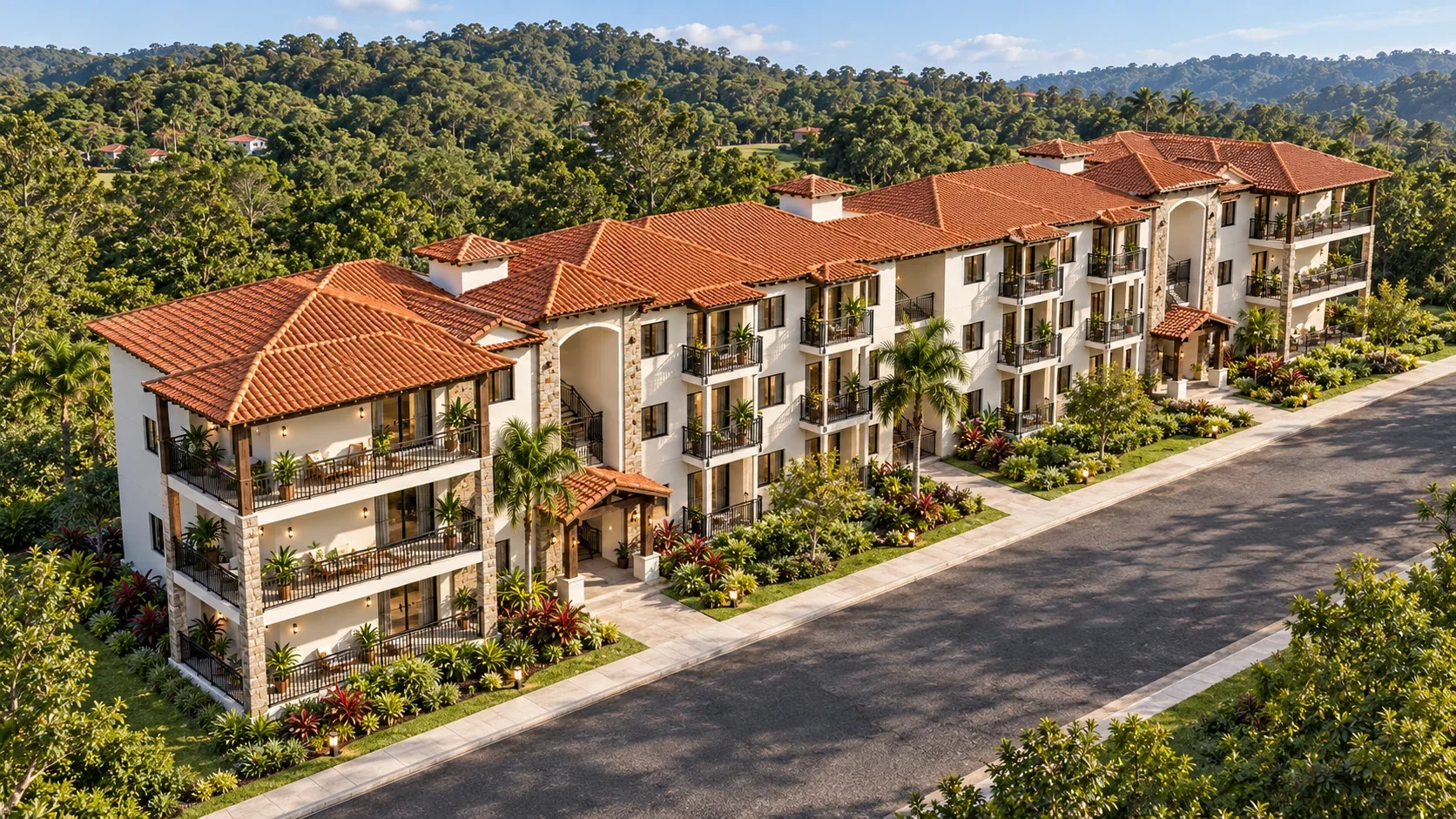 Seasons residences beside the local road, with open corner balconies and wooded hills behind